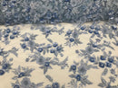 3D Flower Fabric - Baby Blue - Fancy Embroidered Mesh Sequins Fabric with Beads Sold By The Yard
