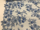 3D Flower Fabric - Baby Blue - Fancy Embroidered Mesh Sequins Fabric with Beads Sold By The Yard