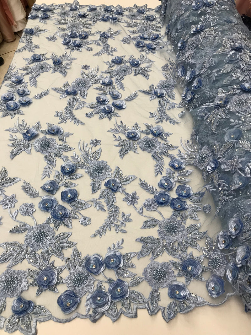 3D Flower Fabric - Baby Blue - Fancy Embroidered Mesh Sequins Fabric with Beads Sold By The Yard