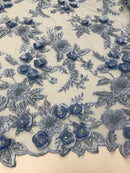 3D Flower Fabric - Baby Blue - Fancy Embroidered Mesh Sequins Fabric with Beads Sold By The Yard