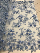 3D Flower Fabric - Baby Blue - Fancy Embroidered Mesh Sequins Fabric with Beads Sold By The Yard