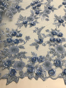 3D Flower Fabric - Baby Blue - Fancy Embroidered Mesh Sequins Fabric with Beads Sold By The Yard