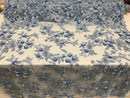 3D Flower Fabric - Baby Blue - Fancy Embroidered Mesh Sequins Fabric with Beads Sold By The Yard