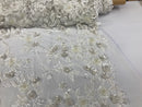 3D Flower Fabric - Ivory - Fancy Embroidered Mesh Sequins Fabric with Beads Sold By The Yard