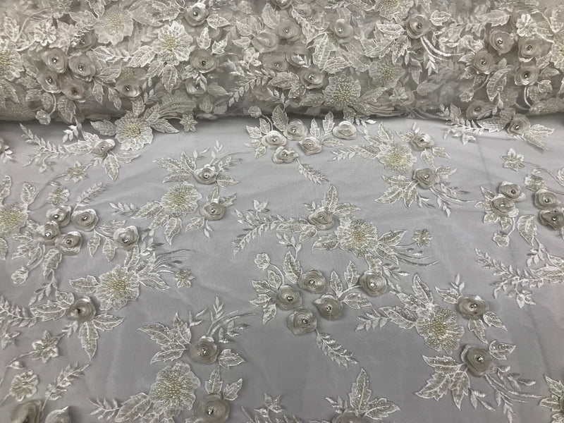 3D Flower Fabric - Ivory - Fancy Embroidered Mesh Sequins Fabric with Beads Sold By The Yard