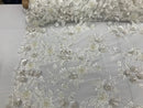 3D Flower Fabric - Ivory - Fancy Embroidered Mesh Sequins Fabric with Beads Sold By The Yard