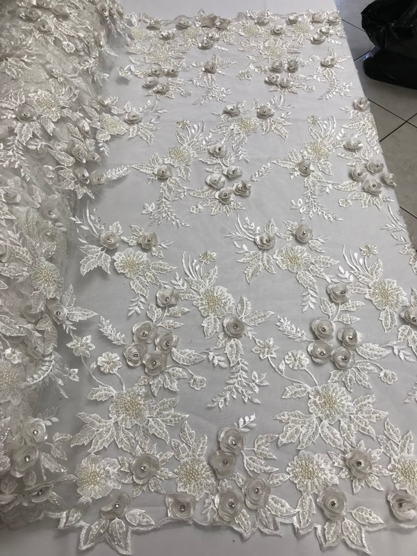3D Flower Fabric - Ivory - Fancy Embroidered Mesh Sequins Fabric with Beads Sold By The Yard
