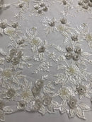 3D Flower Fabric - Ivory - Fancy Embroidered Mesh Sequins Fabric with Beads Sold By The Yard
