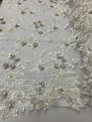 3D Flower Fabric - Ivory - Fancy Embroidered Mesh Sequins Fabric with Beads Sold By The Yard