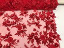 3D Flower Fabric - Red - Fancy Embroidered Mesh Sequins Fabric with Beads Sold By The Yard