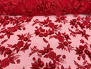 3D Flower Fabric - Red - Fancy Embroidered Mesh Sequins Fabric with Beads Sold By The Yard