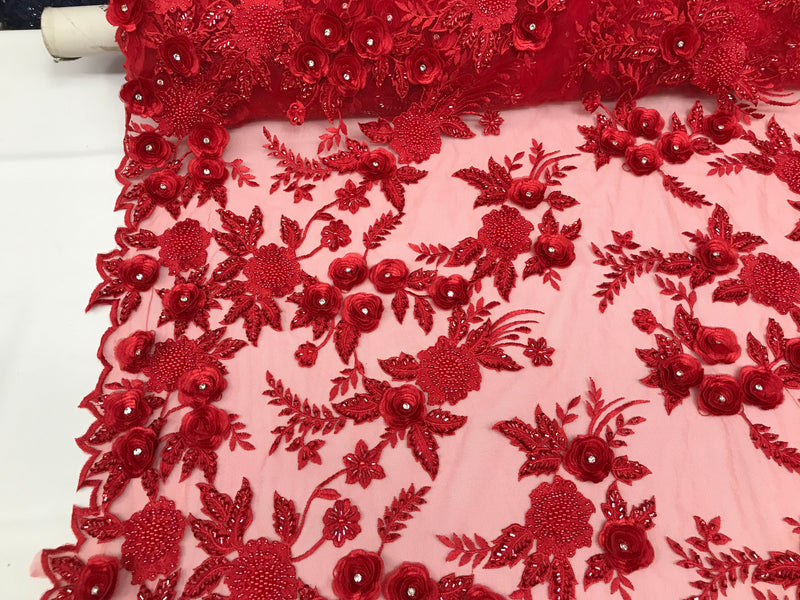 3D Flower Fabric - Red - Fancy Embroidered Mesh Sequins Fabric with Beads Sold By The Yard