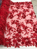 3D Flower Fabric - Red - Fancy Embroidered Mesh Sequins Fabric with Beads Sold By The Yard