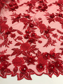 3D Flower Fabric - Red - Fancy Embroidered Mesh Sequins Fabric with Beads Sold By The Yard