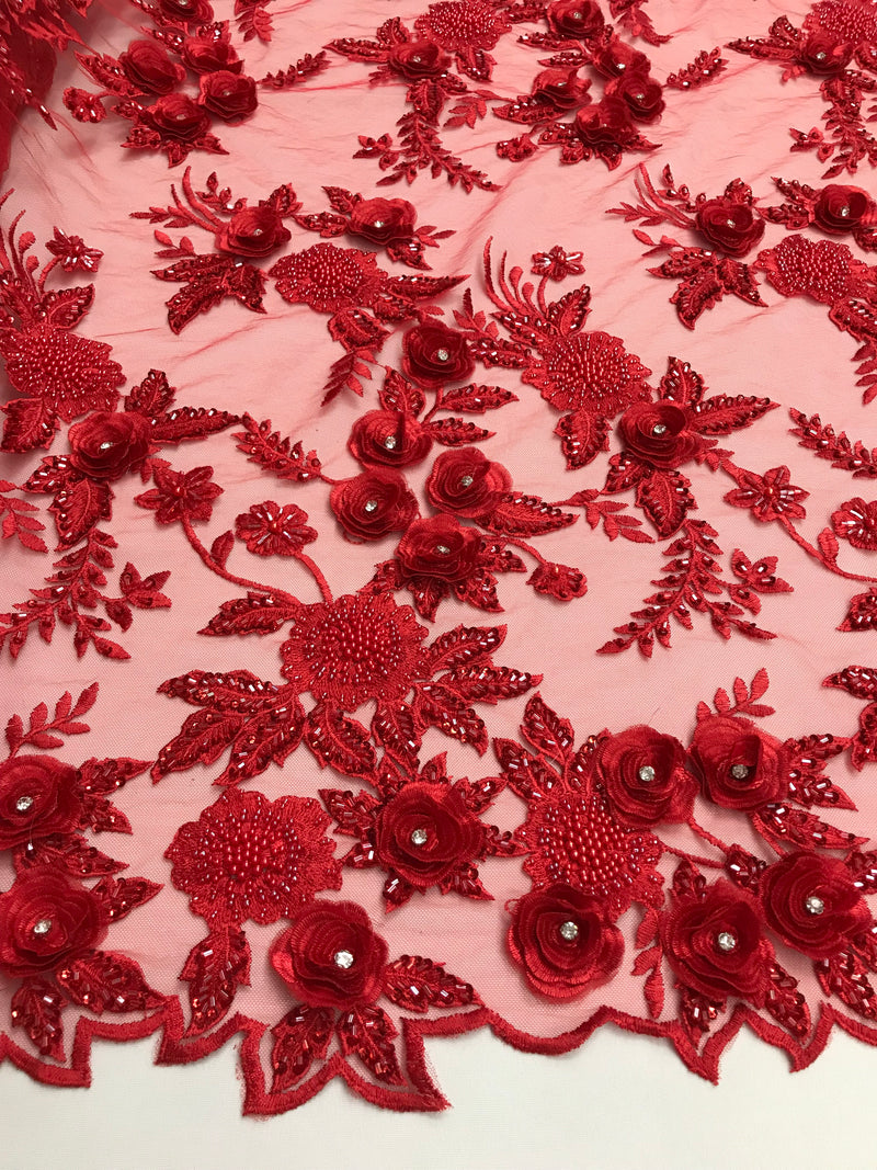 3D Flower Fabric - Red - Fancy Embroidered Mesh Sequins Fabric with Beads Sold By The Yard