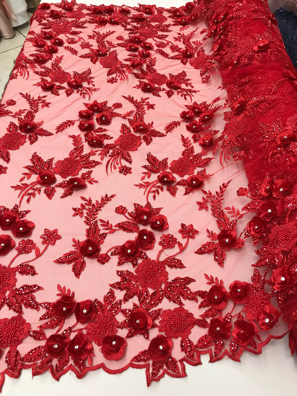 3D Flower Fabric - Red - Fancy Embroidered Mesh Sequins Fabric with Beads Sold By The Yard