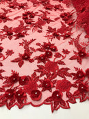 3D Flower Fabric - Red - Fancy Embroidered Mesh Sequins Fabric with Beads Sold By The Yard