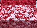 3D Flower Fabric - Red - Fancy Embroidered Mesh Sequins Fabric with Beads Sold By The Yard