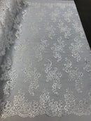 Lace Fabric - White - Flowers Embroidery Sequins Mesh Wedding Bridal Fabric Sold By The Yard