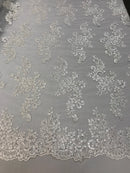 Lace Fabric - White - Flowers Embroidery Sequins Mesh Wedding Bridal Fabric Sold By The Yard
