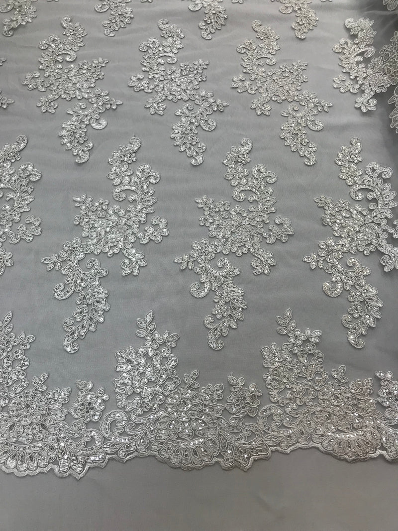 Lace Fabric - White - Flowers Embroidery Sequins Mesh Wedding Bridal Fabric Sold By The Yard