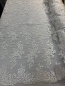 Lace Fabric - White - Flowers Embroidery Sequins Mesh Wedding Bridal Fabric Sold By The Yard