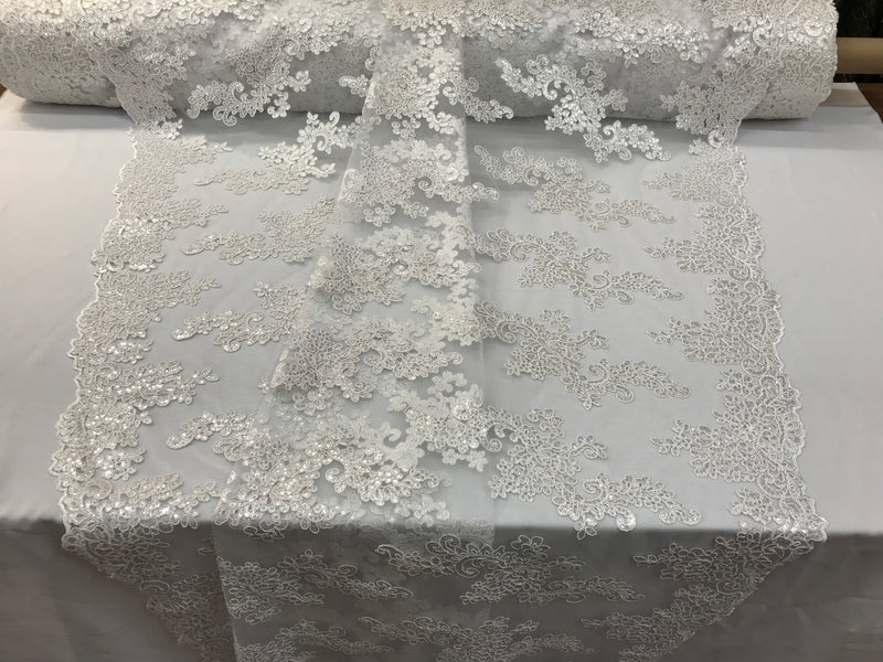 Lace Fabric - White - Flowers Embroidery Sequins Mesh Wedding Bridal Fabric Sold By The Yard