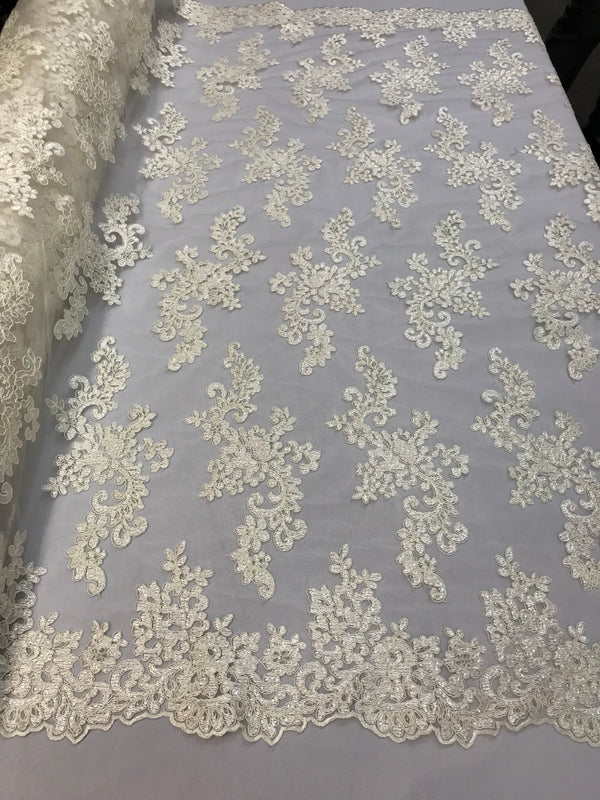 Lace Fabric - Ivory - Flowers Embroidery Sequins Mesh Wedding Bridal Fabric Sold By The Yard