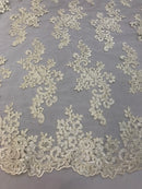 Lace Fabric - Ivory - Flowers Embroidery Sequins Mesh Wedding Bridal Fabric Sold By The Yard