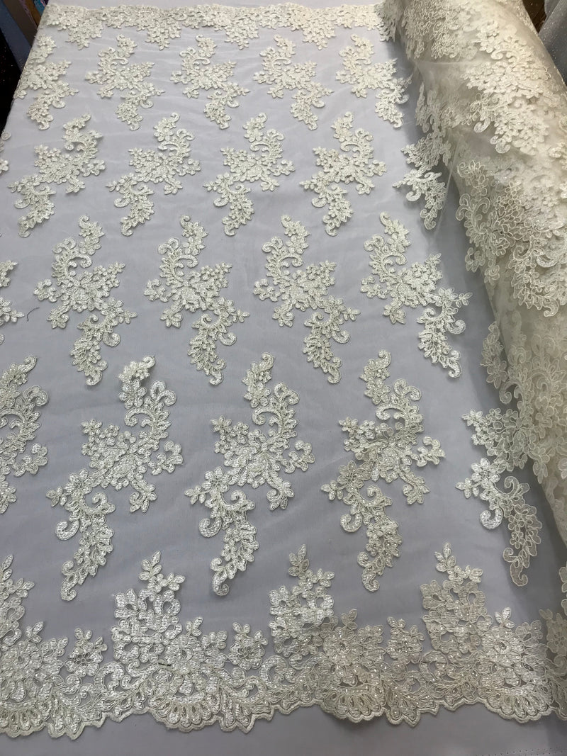 Lace Fabric - Ivory - Flowers Embroidery Sequins Mesh Wedding Bridal Fabric Sold By The Yard
