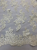 Lace Fabric - Ivory - Flowers Embroidery Sequins Mesh Wedding Bridal Fabric Sold By The Yard