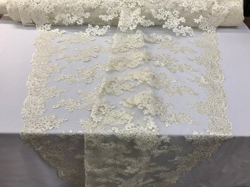Lace Fabric - Ivory - Flowers Embroidery Sequins Mesh Wedding Bridal Fabric Sold By The Yard