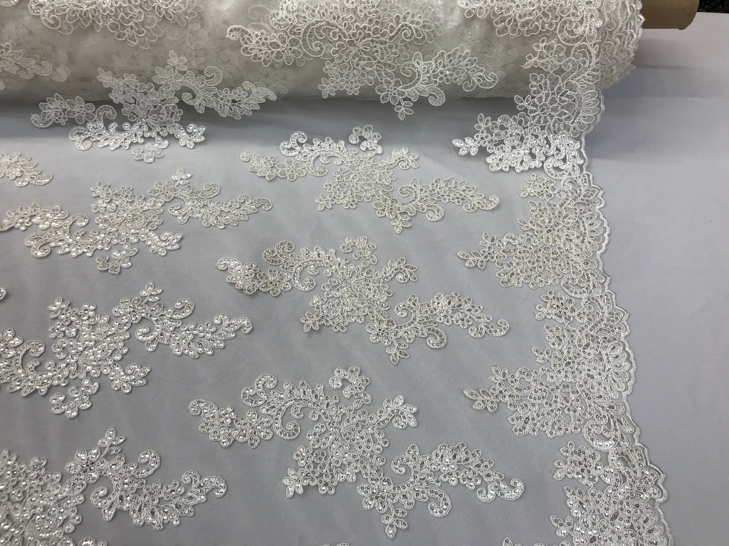 Lace Fabric - Off-White - Flowers Embroidery Sequins Mesh Wedding Brid