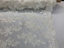 Lace Fabric - Off-White - Flowers Embroidery Sequins Mesh Wedding Bridal Fabric Sold By The Yard