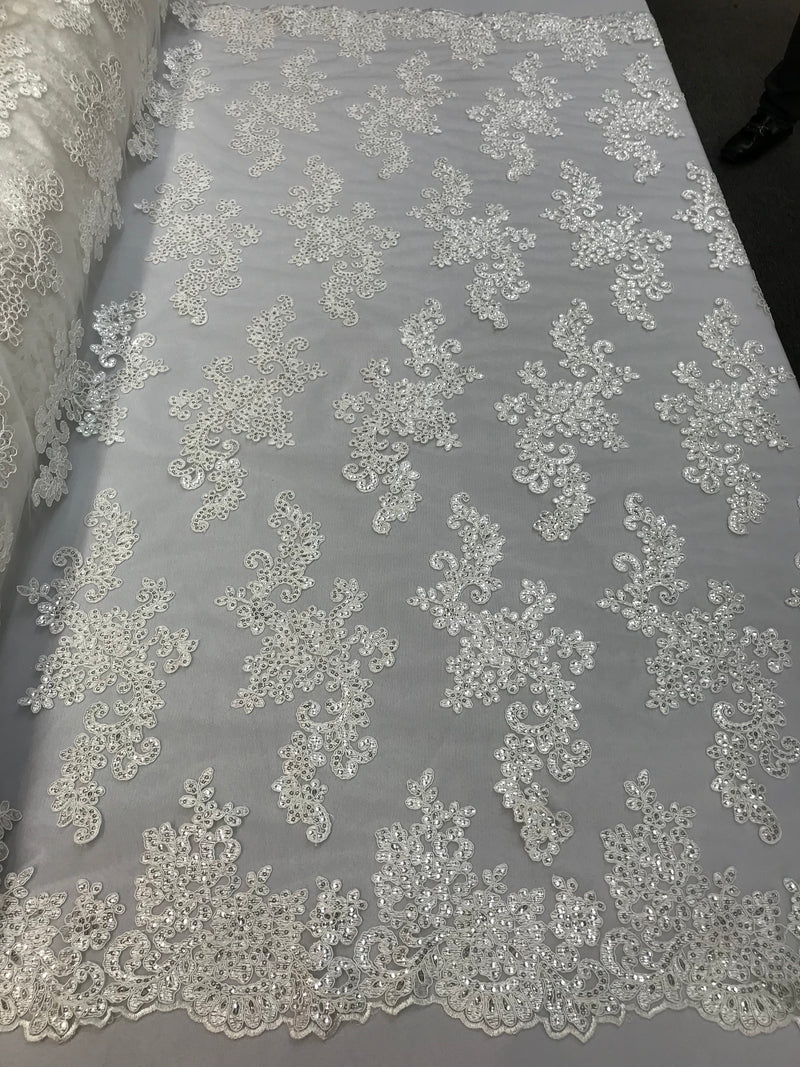 Lace Fabric - Off-White - Flowers Embroidery Sequins Mesh Wedding Bridal Fabric Sold By The Yard