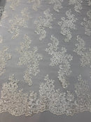 Lace Fabric - Off-White - Flowers Embroidery Sequins Mesh Wedding Bridal Fabric Sold By The Yard