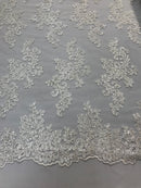 Lace Fabric - Off-White - Flowers Embroidery Sequins Mesh Wedding Bridal Fabric Sold By The Yard