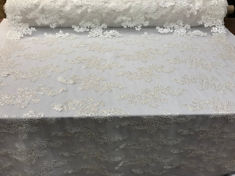 Lace Fabric - Off-White - Flowers Embroidery Sequins Mesh Wedding Bridal Fabric Sold By The Yard