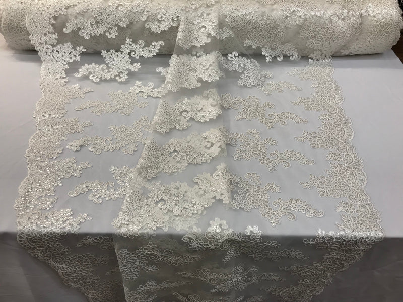 Lace Fabric - Off-White - Flowers Embroidery Sequins Mesh Wedding Brid