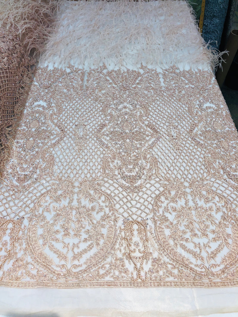 Beaded Feather Fabric - Blush - Embroidered Luxury Mesh Lace with Beads and Feathers By The Yard