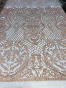 Beaded Feather Fabric - Blush - Embroidered Luxury Mesh Lace with Beads and Feathers By The Yard