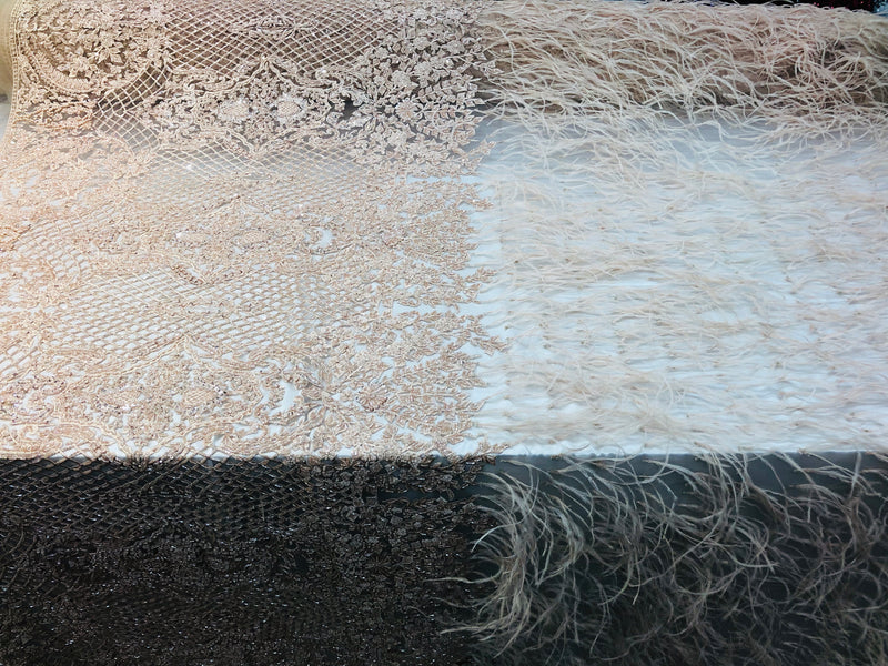 Beaded Feather Fabric - Blush - Embroidered Luxury Mesh Lace with Beads and Feathers By The Yard