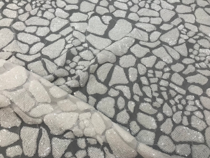 Leopard Sequins Fabric - White - Animal Print Shiny Sequins Design 2 Way Stretch Sold By The Yard