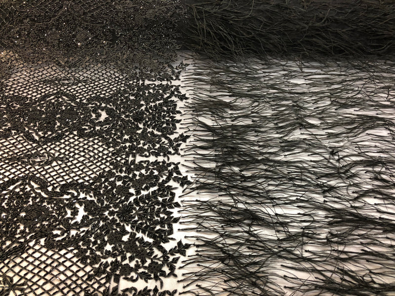 Beaded Feather Fabric - Black - Embroidered Luxury Mesh Lace with Beads and Feathers By The Yard