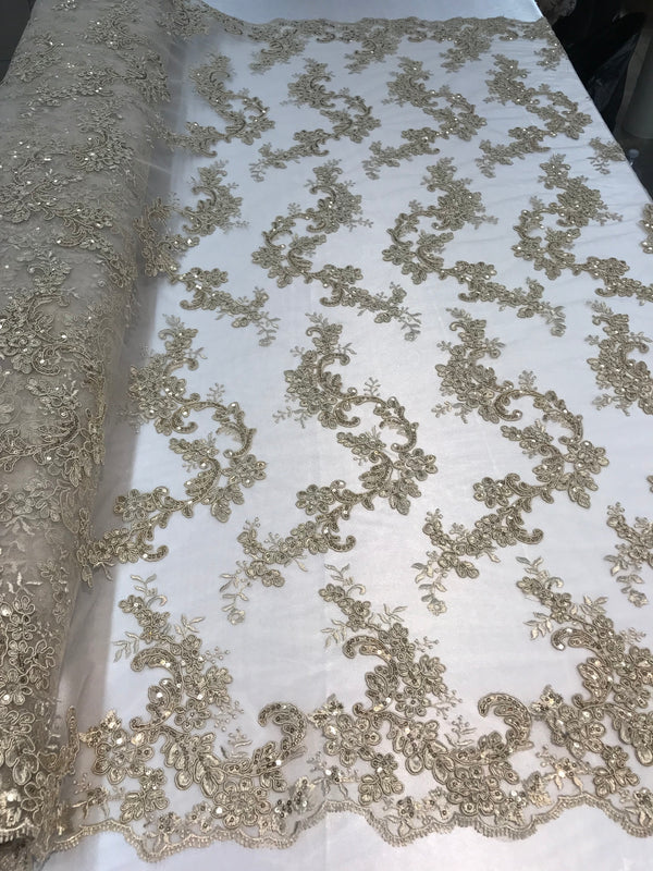 Floral Lace Fabric - Champagne - Flowers Embroidery Sequins Mesh Design Fabric Sold By The Yard