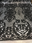 Beaded Feather Fabric - Black - Embroidered Luxury Mesh Lace with Beads and Feathers By The Yard
