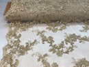 Floral Lace Fabric - Champagne - Flowers Embroidery Sequins Mesh Design Fabric Sold By The Yard