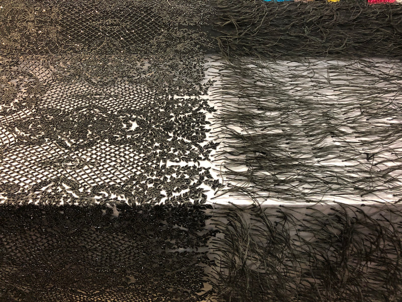Beaded Feather Fabric - Black - Embroidered Luxury Mesh Lace with Beads and Feathers By The Yard