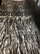 Beaded Feather Fabric - Black - Embroidered Luxury Mesh Lace with Beads and Feathers By The Yard