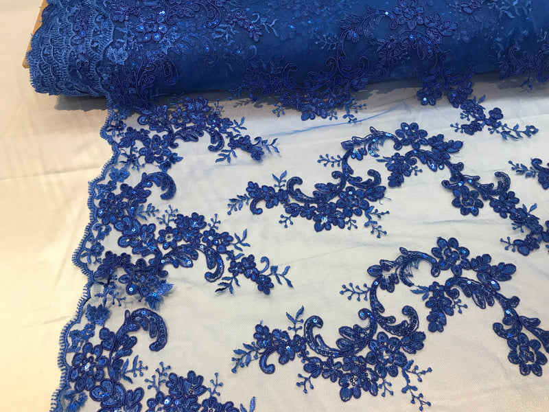 Floral Lace Fabric - Royal Blue - Flowers Embroidery Sequins Mesh Design Fabric Sold By The Yard